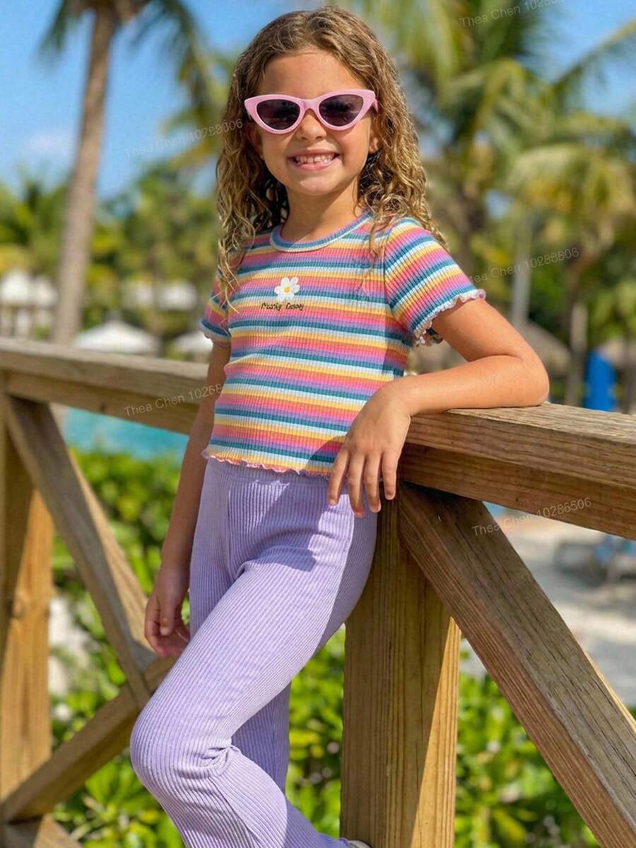 SHEIN 2件套女童针织条纹休闲T恤和打底裤套装 - 彩色 - 查看 1
