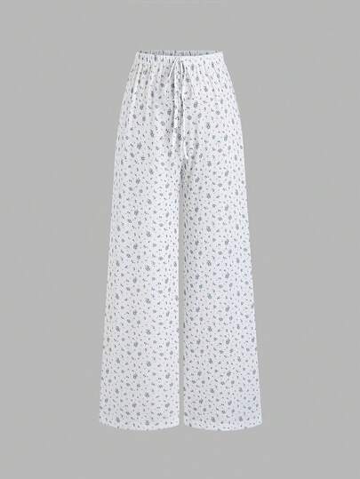 Sweetra Pantalones casuales de pierna suelta con cintura relajada y lazo, estampado floral diminuto azul y blanco, elegante y francés, versátil y estilizador, para primavera/verano