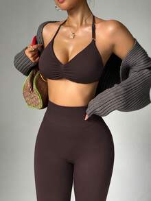 StreetHx Women's Summer Solid Color Pleated Halter Sports Bra And Leggings Set - Brown - View 6