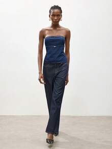 Maija 夏季女士性感露背抹胸牛仔上衣 - 深色水洗藍 - 查看 3