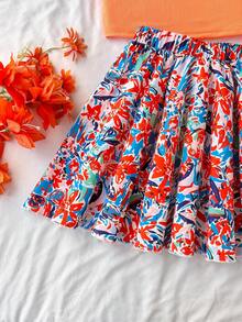 Girls' Knit Vest Top And Printed Skirt Set, Suitable For Daily Commute, Outings, And Exhibition Events, Lively And Cute Style, Teen Summer Outfit Set, Teen Set, Summer Holiday - Multicolor - View 4