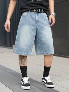 Manfinity EMRG 男士街头时尚休闲印花斑马纹蓝色牛仔短裤 - 中等水洗藍 - 查看 7