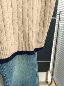 Franclia New Casual Loose Korean Style Round Neck Textured Contrast Color Pullover Sweater For Women, Spring/Autumn - Apricot - View 4