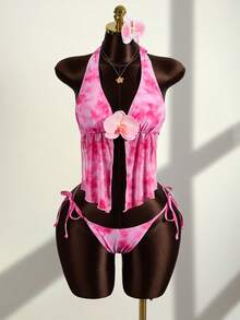 Zestiva 女士夏季海滩度假随机扎染印花3D花卉装饰吊带露背性感吊带背心和比基尼套装 - 粉色 - 查看 3
