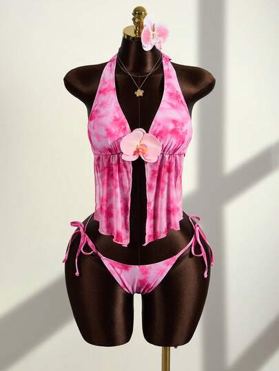 Zestiva Conjunto de camiseta de tirantes finos y bikini con estampado de teñido anudado y decoración floral 3D para vacaciones de verano en la playa de las mujeres