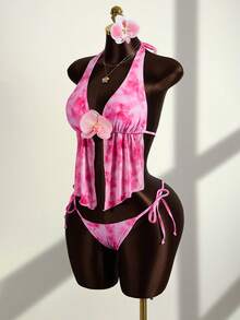 Zestiva 女士夏季海滩度假随机扎染印花3D花卉装饰吊带露背性感吊带背心和比基尼套装 - 粉色 - 查看 5