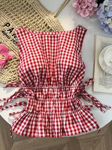 Sweetra Französischer Retro-Stil Damen Bluse für Frühling/Sommer, rot-weiß kariert, ärmellos, quadratischer Kragen, tailliert, Schleife, Rüschensaum, süß und kurz geschnitten - Rot-Weiß - Übersicht 4