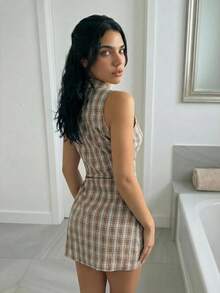 Sweetina Casual Plaid Polo Collar Ruched Waist Women Mini Dress - Multicolor - View 2