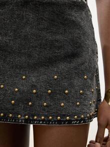 Maija Women's Black Denim Midi Skirt With Metal Stud Embellishments, Y2K Style Rock-Inspired Women's Clothing,Sexy Mini Studded Skirt - Black - View 4