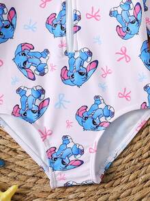 SHEIN Baby Girl Contrast Ruffle Trim Zipper Front One-Piece Swimsuit With Cute Rabbit & Bow Print, Suitable For Beach & Holiday - Blue - View 4