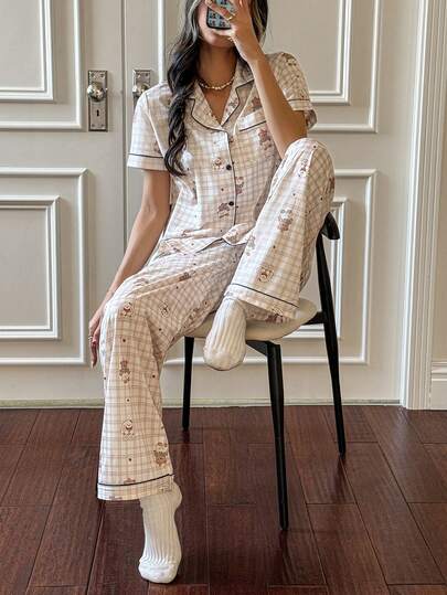 SHEIN Napfluff Women's Plaid Bear Print Button Decor Short Sleeve Pajama Set