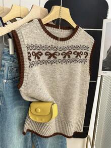 Franclia Light Beige,Autumn,Retro Vintage,School,Back-To-School Sleeveless Knit Top With Bowknot,Ribbed Trim,Contrast Binding,Comfortable Skin-Friendly Piece - Mocha Brown - View 8
