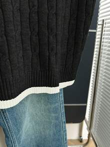 Franclia New Casual Loose Korean Style Round Neck Cable Knit Contrast Color Pullover Sweater For Women, Spring/Autumn - Black - View 6