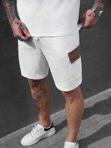 Manfinity Homme Men's 2 Pieces Outfits White And Brown,Summer Casual Vacation Short Sleeve Crew Neck Pocket T-Shirt And Slant Pocket Shorts Set Co Ord Sweatsuit - Grey - View 5