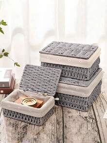 Bộ 3/2/1 giỏ đan để bàn có nắp đậy, dùng để đựng mỹ phẩm, chìa khóa, đồ ăn nhẹ, thích hợp cho phòng khách, hành lang, trang trí nhà cửa, hộp đựng đồ thủ công, giỏ quà cưới, thích hợp cho mùa tựu trường. - Nhiều màu - Xem 10