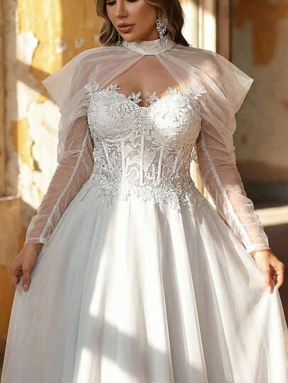 Glamrae Vestido de novia de línea A con escote corazón, manga larga transparente, hombros descubiertos, estilo romántico y elegante, talla grande, con aplicaciones, decoración de espina de pescado y parches de encaje francés