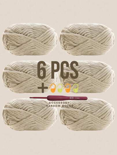 6 件/包，300 克（50 克*6），附赠免费礼品（随机颜色钩针 + 针迹标记），粗 DIY 针织纱，50 克/球，60 米/球，适用于围巾、钩针鞋、玩具等