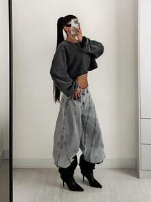 StreetHx Women Solid Color Round Neck Loose Boxy Cropped Washed Sweatshirt,Long Sleeve Tops,Graduation,Teacher,Back To School Pullover Fall - Grey - View 5