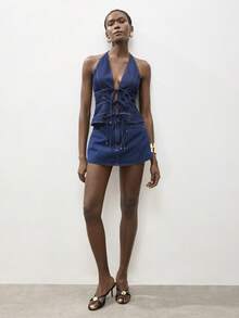 Maija Áo croptop denim hở lưng cổ yếm gợi cảm dành cho nữ mùa hè - Rửa tối - Xem 7