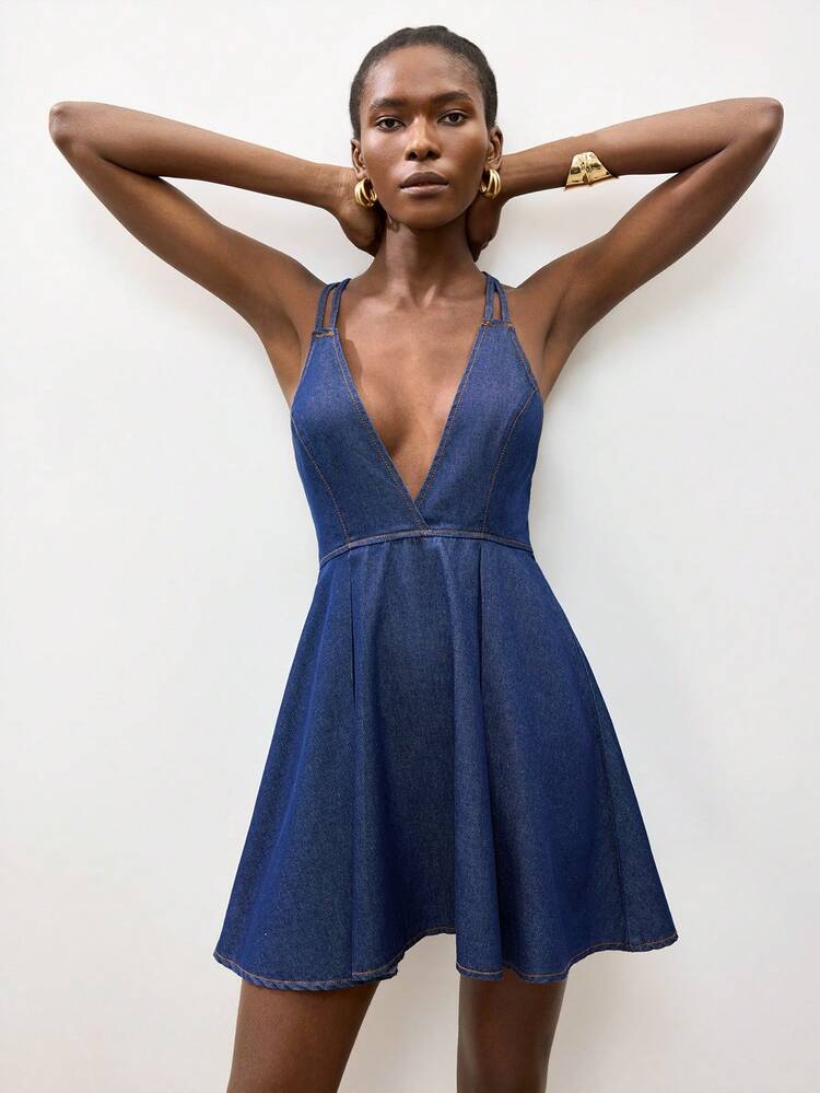SHEIN Maija Vestido vaquero de verano con cuello en V profundo y espalda descubierta para mujer