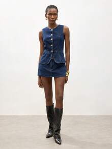 Maija 女士休闲牛仔背心和短裙套装，夏季 - 深色水洗藍 - 查看 2