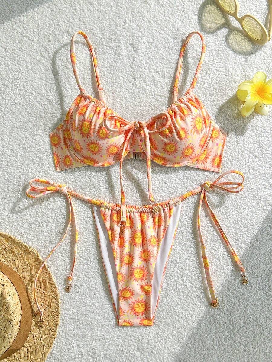 Swim Mod 女士泳装套装，向日葵软杯钢圈系带款，夏季假日沙滩两件套 - 彩色 - 查看 1