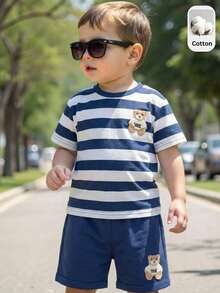 SHEIN 男婴圆领数码印花胸贴松紧腰短裤套装 - 彩色 - 查看 7