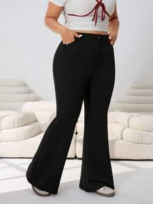 Solflare Pantalon évasé casual de couleur unie pour femmes grandes tailles, printemps/été - Noir - Voir 3