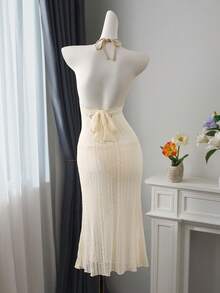 Bellisia 女士两件套米色蕾丝网纱吊带长裙及比基尼泳裤套装，性感优雅沙滩/泳装 - 米色 - 查看 2