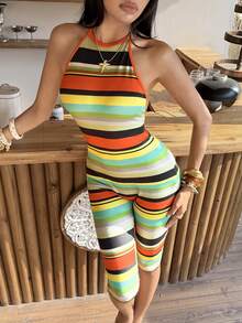 EgrlEra Women's Color Block Halter Tie Back Casual Jumpsuit For Vacation & Daily Wear - Multicolor - View 10