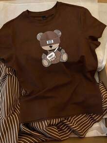 Resyla 女士卡通熊圆领短袖T恤和抽绳腰条纹裤套装 - 棕色 - 查看 3