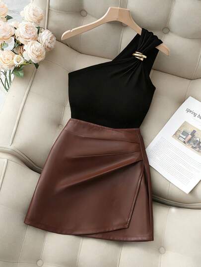 Franclia Women's Metal Decor Sleeveless Top And PU Leather Mini Skirt 2 Pieces Set Leather Two Pieces Set Asymmetrical Skirt One Shoulder Top Brown Skirt Dark Brown Top Z65c7 Code Clothes For Ladies Discount Women's Work Clothes Work Outfits Women Wow Dress Work Dresses For Women Trending Outfit Nice Outfit For Women Skirts For Women With Top Skirt Outfit