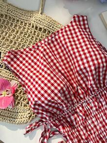 Sweetra Französischer Retro-Stil Damen Bluse für Frühling/Sommer, rot-weiß kariert, ärmellos, quadratischer Kragen, tailliert, Schleife, Rüschensaum, süß und kurz geschnitten - Rot-Weiß - Übersicht 5