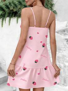 EMERY ROSE Women's Summer Casual Vacation Style Strawberry Heart Letter Print Ruffle Hem Camisole Dress - Multicolor - View 2