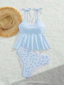 Swim Vcay 女士优雅条纹印花挂脖式吊带背心泳衣上装，配有系带肩带和褶皱腰身，搭配印花常规泳裤，两件套泳装，修身显瘦，适合海滩、度假、春假、秋季返校季、慕尼黑啤酒节、音乐节、假日、春季海滩之旅等场合。 - 彩色 - 查看 8