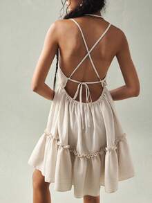 SoleilVie Beige Textured V-Neck Elastic Waist Ruffle Hem Vacation Style Sweet Short Dress - Apricot - View 2