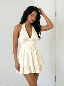 Sweetina 性感深V领露背吊带系带迷你连衣裙 - 米色 - 查看 5