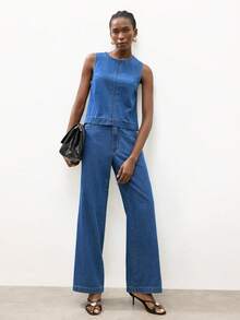 Maija Women's Casual Denim Vest And Pants Set, Summer - Medium Wash - View 1