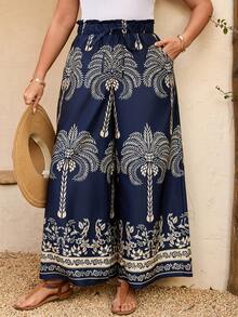 Breezaya Plus Size Women's Wide Leg Summer Beach Coconut Tree Print Pants - Blue and White - View 5