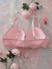 FloralLove Pink Floral Embroidery 3/4 Cup Padded Push Up Romantic Comfortable Daily Plus Size Bra & Wireless Bra - Pink - View 2