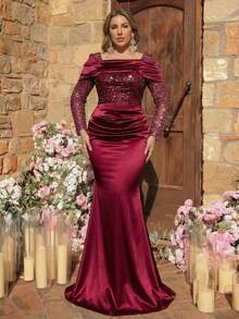 Glamrae Đầm cỡ lớn sang trọng, thanh lịch màu đỏ tía thêu sequin, chất liệu satin, cổ áo bất đối xứng, dáng ôm sát, chân váy đuôi cá với viền bèo nhún và đuôi dài, phù hợp cho bữa tối trang trọng, tiệc độc thân, hẹn hò, dạ hội, kỳ nghỉ, đám cưới. Đầm màu đỏ tía cho đám cưới. - Màu Đỏ Sâu - Xem 4