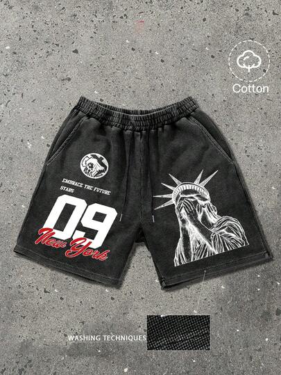 Manfinity EMRG Men's Casual Statue Of Liberty Print Shorts For Summer