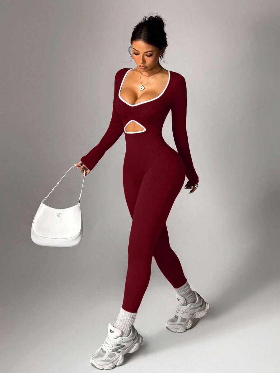 Dewbera Women's Contrast Color Design Sexy Figure-Flattering Sports Fitness Yoga Jumpsuit Active Wear Jumpsuit Seamless Jumpsuit Burgundy Workout Set Cut Out Jumpsuit Red Workout Jumpsuit - Burgundy - View 1