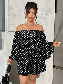 Easura Bộ jumpsuit nữ cỡ lớn với tay áo loe rộng, viền bèo nhún trễ vai, thiết kế buộc dây. Chất liệu vải chấm bi nhẹ, thoải mái, thích hợp cho kỳ nghỉ, bãi biển, dạo phố, tiệc tùng, trà chiều. Màu đen chấm bi trắng. - Đen và trắng - Xem 3