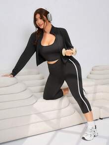 SHEIN EZwear 大尺碼黑白對比條紋七分緊身褲，高彈力針織休閒夏季健身服，適用音樂節、度假、街頭穿搭、通勤 - 黑色 - 查看 6