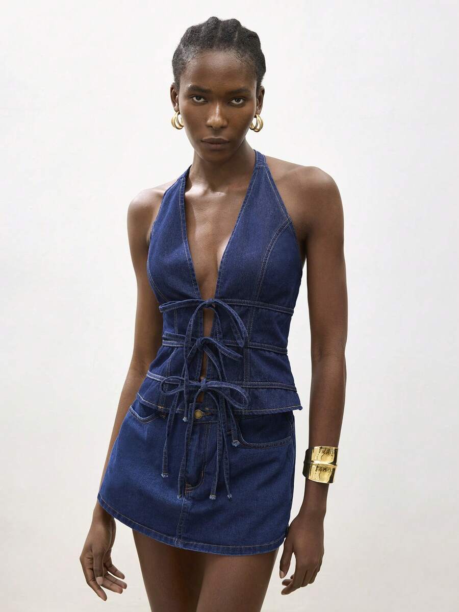 Maija Áo croptop denim hở lưng cổ yếm gợi cảm dành cho nữ mùa hè - Rửa tối - Xem 1