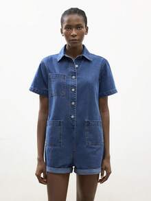 Maija Women's Summer Casual Front Button Denim Romper - Light Wash - View 3