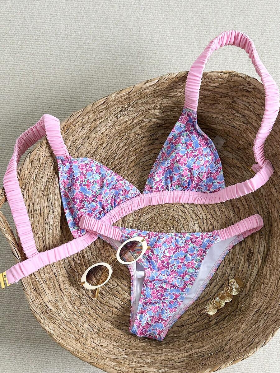 Swim Mod 女士粉色碎花吊带可爱甜美两件式泳衣，褶皱设计，夏季 - 彩色 - 查看 1