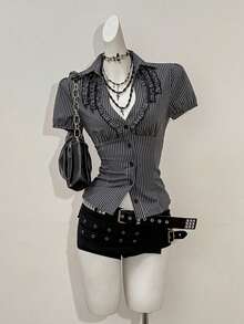 Jeanoix Women's Sexy Retro Striped Fabric Fitted Blouse - Black and White - View 7