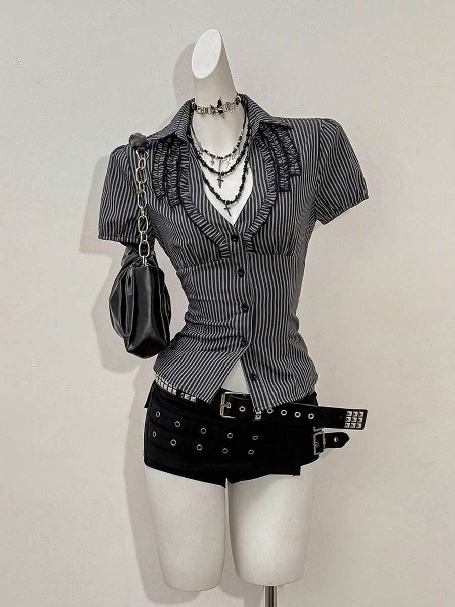 Jeanoix 女士性感复古条纹修身衬衫 - 黑與白 - 查看 1